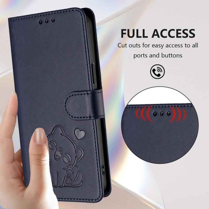 For iPhone 17 Pro Embossed Heart Cat Leather Phone Case with Hand Strap(Blue)
