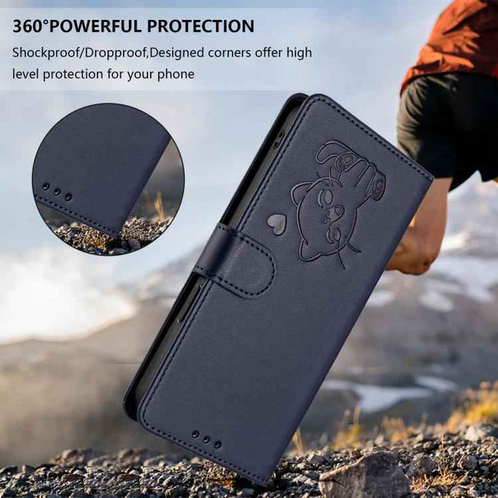 For iPhone 17 Pro Embossed Heart Cat Leather Phone Case with Hand Strap(Blue)