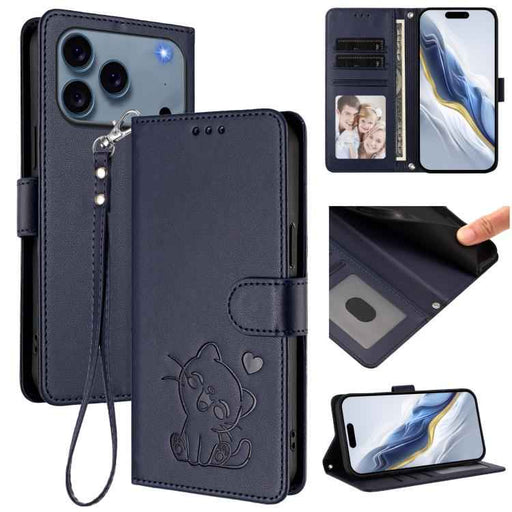 For iPhone 17 Pro Embossed Heart Cat Leather Phone Case with Hand Strap(Blue)