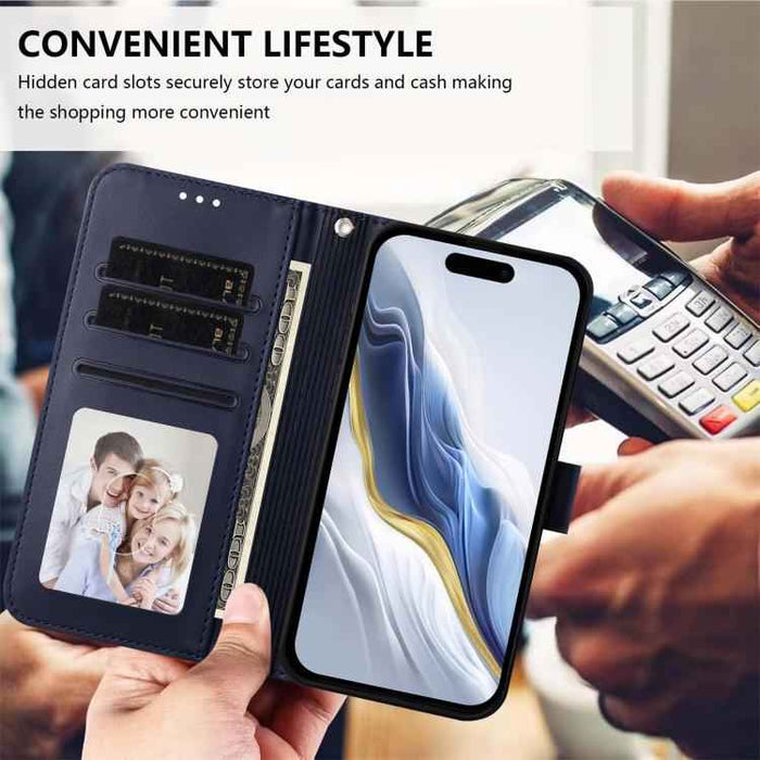 For iPhone 17 Pro Embossed Heart Cat Leather Phone Case with Hand Strap(Blue)