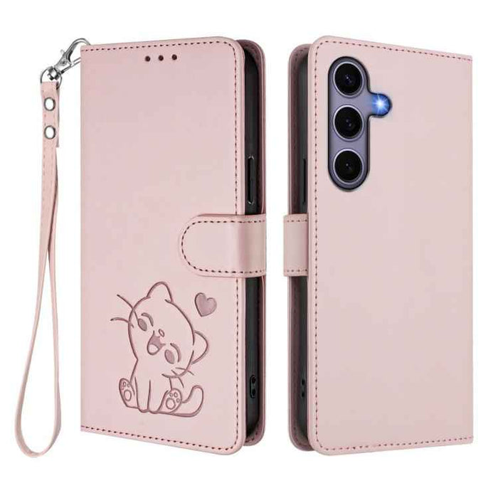 For Samsung Galaxy S25+ / S24+ 5G Embossed Heart Cat Leather Phone Case with Hand Strap(Pink)