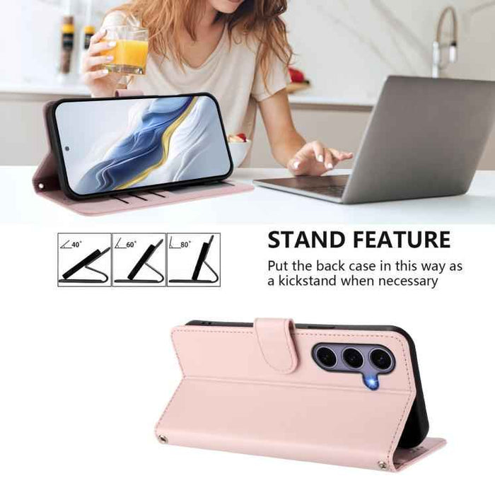 For Samsung Galaxy S25+ / S24+ 5G Embossed Heart Cat Leather Phone Case with Hand Strap(Pink)