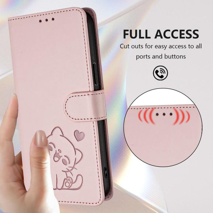 For Samsung Galaxy S25+ / S24+ 5G Embossed Heart Cat Leather Phone Case with Hand Strap(Pink)
