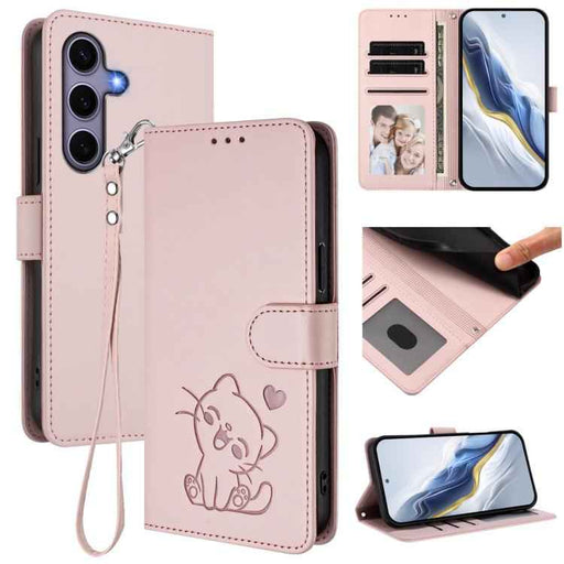 For Samsung Galaxy S25+ / S24+ 5G Embossed Heart Cat Leather Phone Case with Hand Strap(Pink)