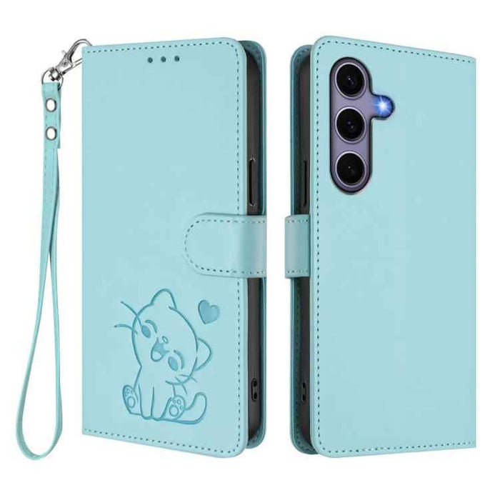 For Samsung Galaxy S25+ / S24+ 5G Embossed Heart Cat Leather Phone Case with Hand Strap(Mint Green)
