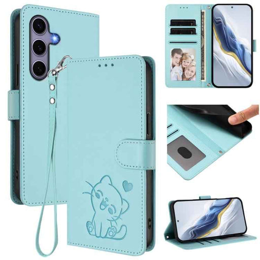 For Samsung Galaxy S25+ / S24+ 5G Embossed Heart Cat Leather Phone Case with Hand Strap(Mint Green)