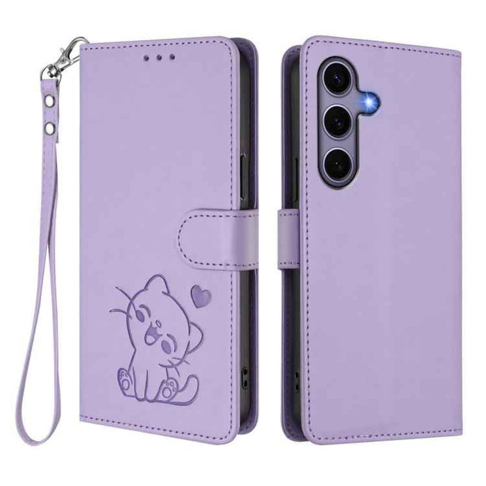 For Samsung Galaxy S25+ / S24+ 5G Embossed Heart Cat Leather Phone Case with Hand Strap(Light Purple)