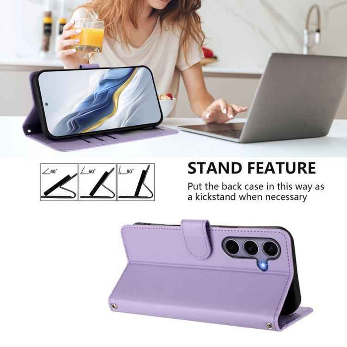 For Samsung Galaxy S25+ / S24+ 5G Embossed Heart Cat Leather Phone Case with Hand Strap(Light Purple)