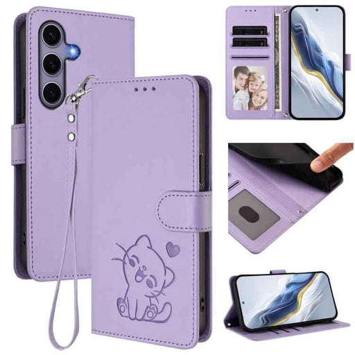 For Samsung Galaxy S25+ / S24+ 5G Embossed Heart Cat Leather Phone Case with Hand Strap(Light Purple)