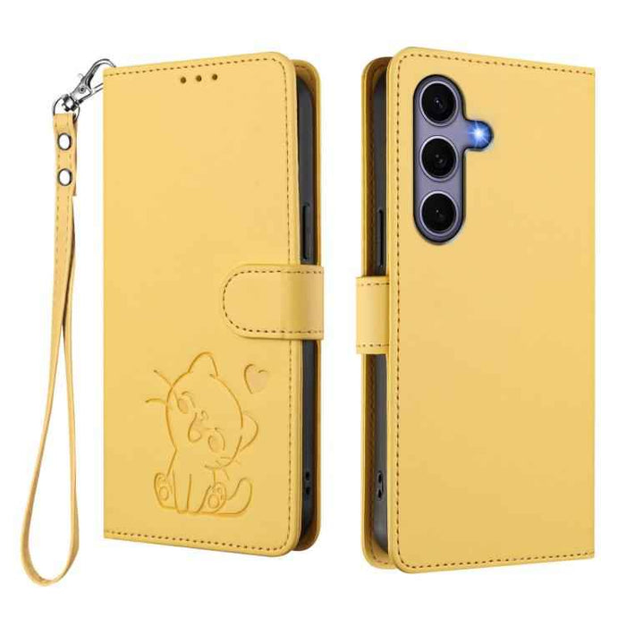 For Samsung Galaxy S25+ / S24+ 5G Embossed Heart Cat Leather Phone Case with Hand Strap(Yellow)