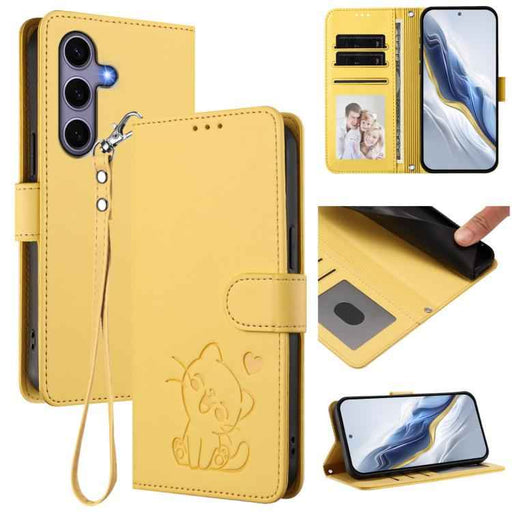 For Samsung Galaxy S25+ / S24+ 5G Embossed Heart Cat Leather Phone Case with Hand Strap(Yellow)