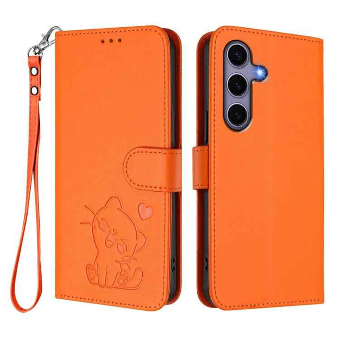 For Samsung Galaxy S25+ / S24+ 5G Embossed Heart Cat Leather Phone Case with Hand Strap(Orange)