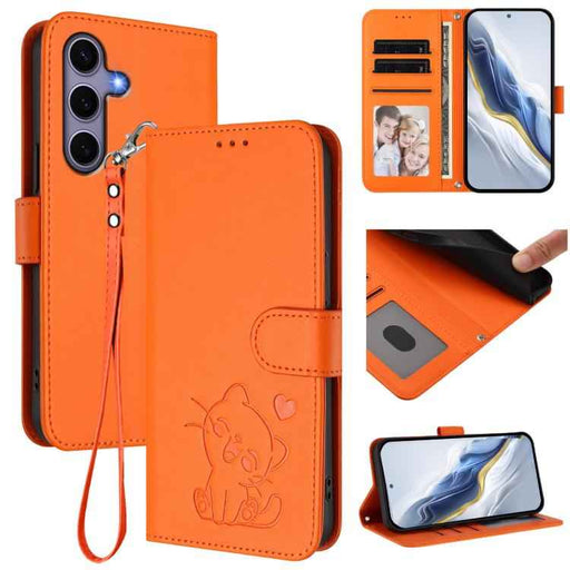 For Samsung Galaxy S25+ / S24+ 5G Embossed Heart Cat Leather Phone Case with Hand Strap(Orange)