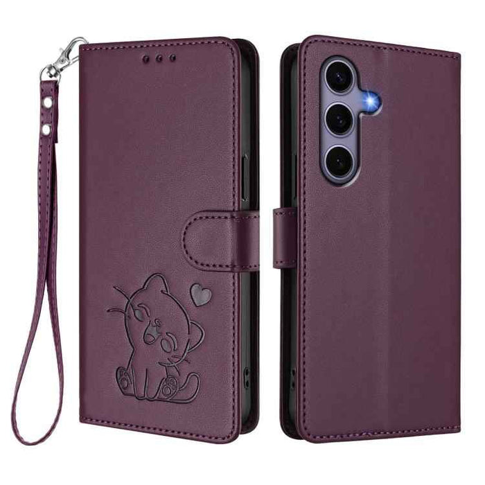 For Samsung Galaxy S25+ / S24+ 5G Embossed Heart Cat Leather Phone Case with Hand Strap(Dark Purple)