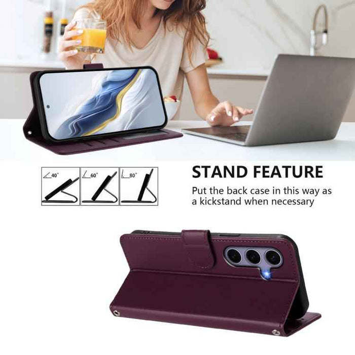 For Samsung Galaxy S25+ / S24+ 5G Embossed Heart Cat Leather Phone Case with Hand Strap(Dark Purple)