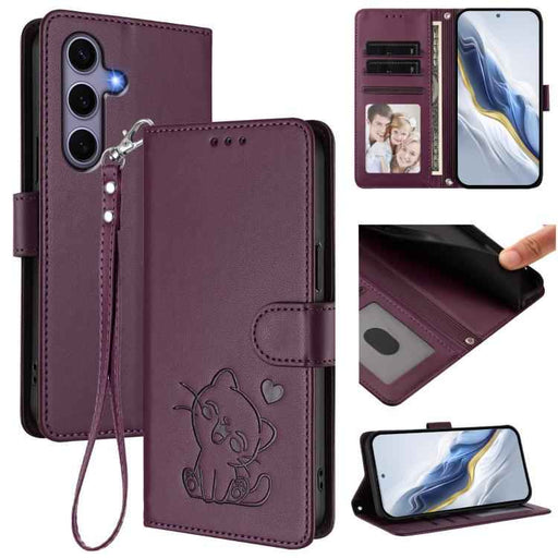 For Samsung Galaxy S25+ / S24+ 5G Embossed Heart Cat Leather Phone Case with Hand Strap(Dark Purple)