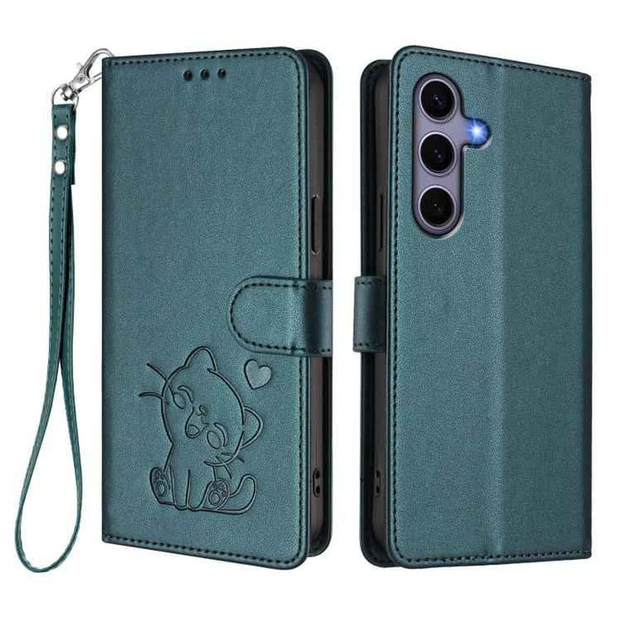 For Samsung Galaxy S25+ / S24+ 5G Embossed Heart Cat Leather Phone Case with Hand Strap(Dark Green)