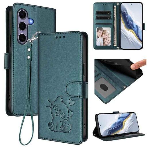 For Samsung Galaxy S25+ / S24+ 5G Embossed Heart Cat Leather Phone Case with Hand Strap(Dark Green)