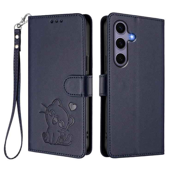 For Samsung Galaxy S25+ / S24+ 5G Embossed Heart Cat Leather Phone Case with Hand Strap(Blue)