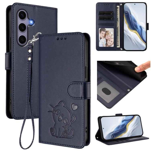 For Samsung Galaxy S25+ / S24+ 5G Embossed Heart Cat Leather Phone Case with Hand Strap(Blue)