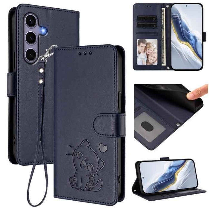 For Samsung Galaxy S25+ / S24+ 5G Embossed Heart Cat Leather Phone Case with Hand Strap(Blue)