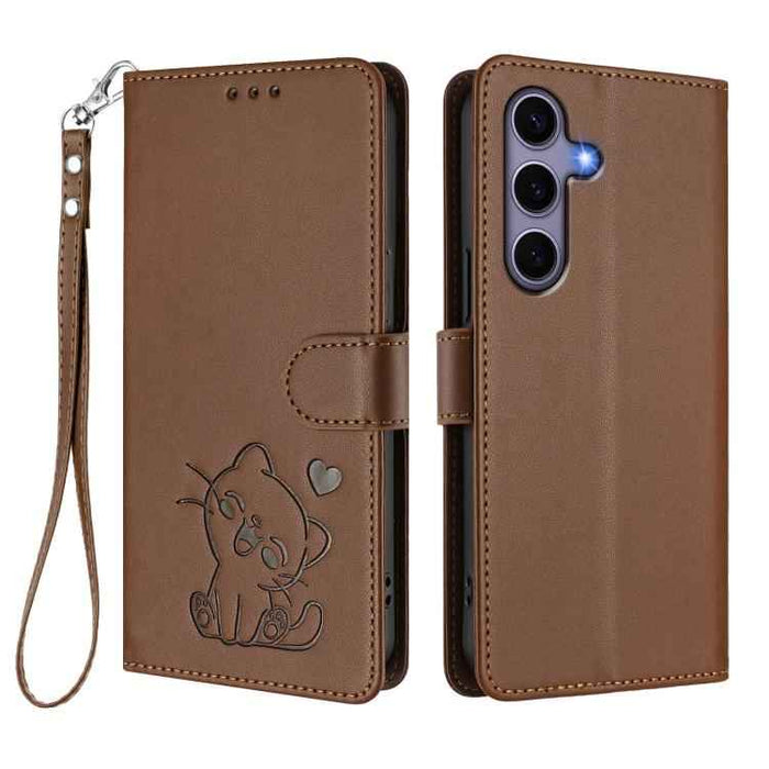 For Samsung Galaxy S25+ / S24+ 5G Embossed Heart Cat Leather Phone Case with Hand Strap(Brown)