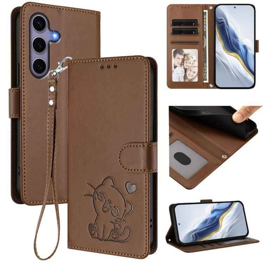 For Samsung Galaxy S25+ / S24+ 5G Embossed Heart Cat Leather Phone Case with Hand Strap(Brown)