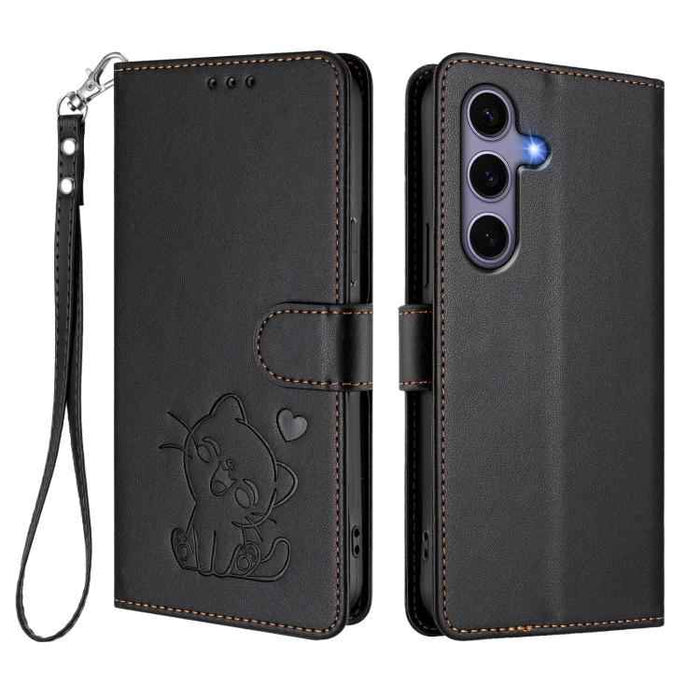 For Samsung Galaxy S25+ / S24+ 5G Embossed Heart Cat Leather Phone Case with Hand Strap(Black)