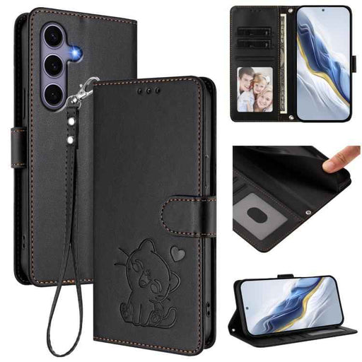 For Samsung Galaxy S25+ / S24+ 5G Embossed Heart Cat Leather Phone Case with Hand Strap(Black)
