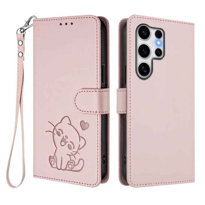 For Samsung Galaxy S25 Ultra 5G Embossed Heart Cat Leather Phone Case with Hand Strap(Pink)