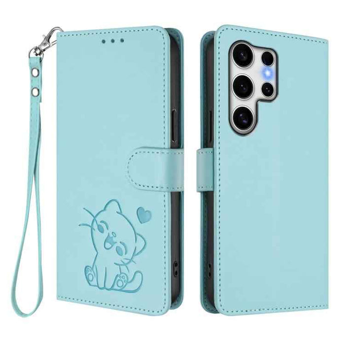 For Samsung Galaxy S25 Ultra 5G Embossed Heart Cat Leather Phone Case with Hand Strap(Mint Green)