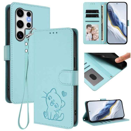 For Samsung Galaxy S25 Ultra 5G Embossed Heart Cat Leather Phone Case with Hand Strap(Mint Green)