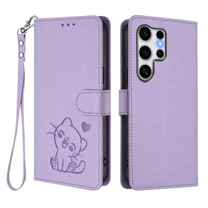 For Samsung Galaxy S25 Ultra 5G Embossed Heart Cat Leather Phone Case with Hand Strap(Light Purple)