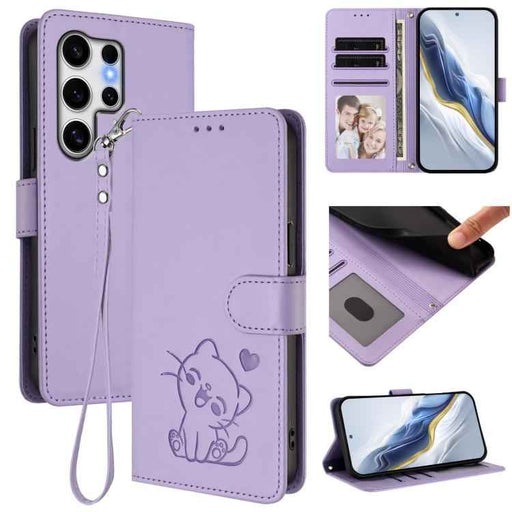 For Samsung Galaxy S25 Ultra 5G Embossed Heart Cat Leather Phone Case with Hand Strap(Light Purple)