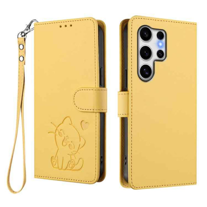 For Samsung Galaxy S25 Ultra 5G Embossed Heart Cat Leather Phone Case with Hand Strap(Yellow)