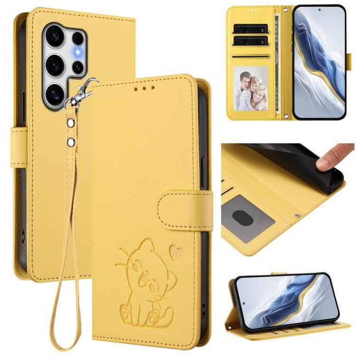 For Samsung Galaxy S25 Ultra 5G Embossed Heart Cat Leather Phone Case with Hand Strap(Yellow)