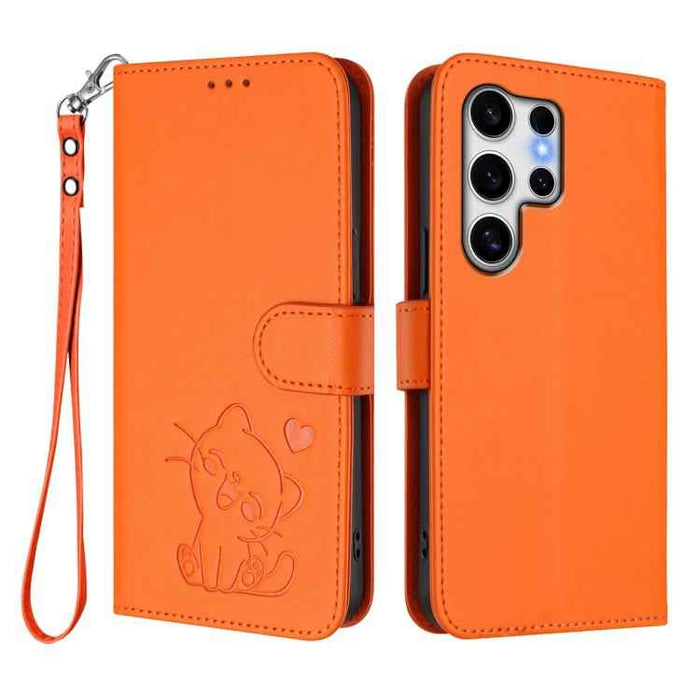 For Samsung Galaxy S25 Ultra 5G Embossed Heart Cat Leather Phone Case with Hand Strap(Orange)