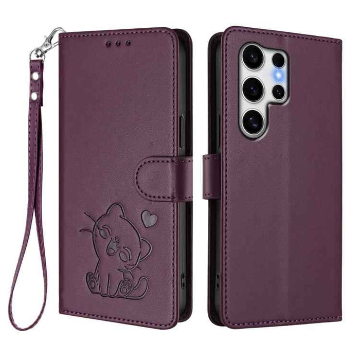 For Samsung Galaxy S25 Ultra 5G Embossed Heart Cat Leather Phone Case with Hand Strap(Dark Purple)