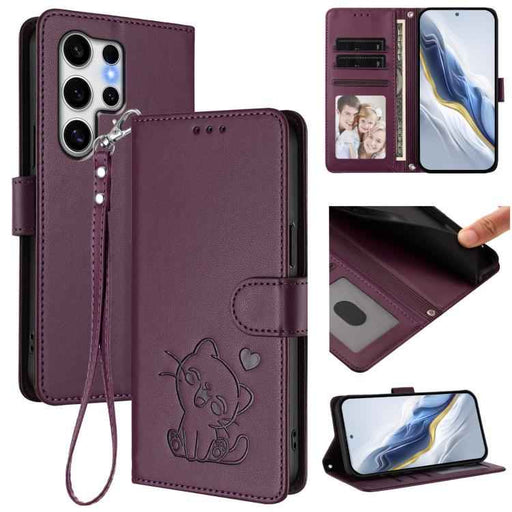 For Samsung Galaxy S25 Ultra 5G Embossed Heart Cat Leather Phone Case with Hand Strap(Dark Purple)