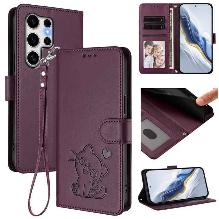 For Samsung Galaxy S25 Ultra 5G Embossed Heart Cat Leather Phone Case with Hand Strap(Dark Purple)