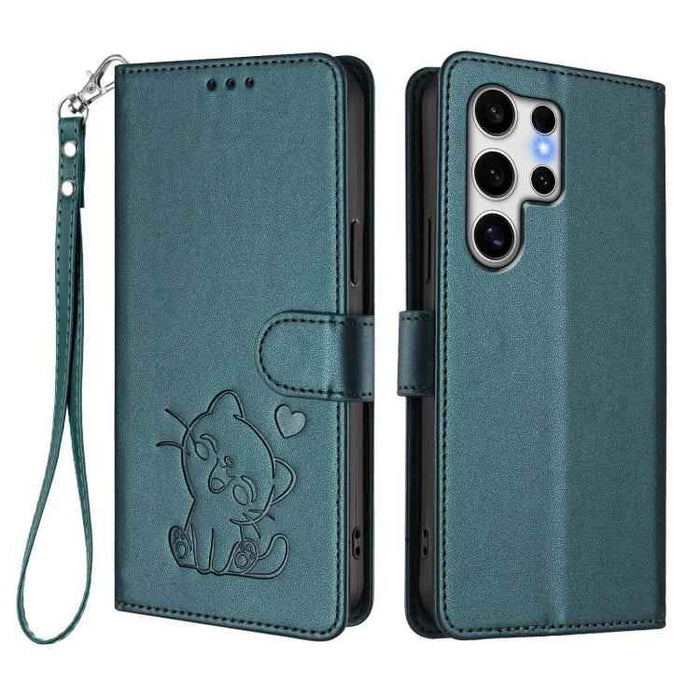 For Samsung Galaxy S25 Ultra 5G Embossed Heart Cat Leather Phone Case with Hand Strap(Dark Green)