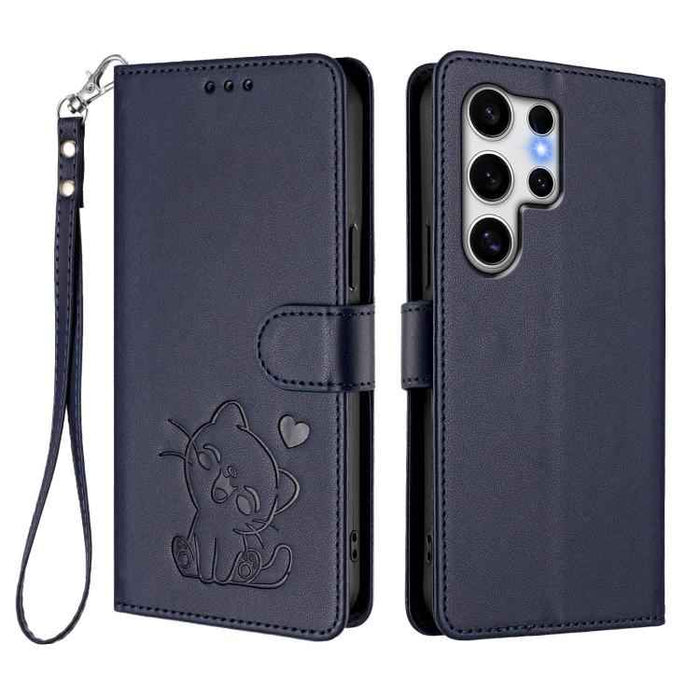 For Samsung Galaxy S25 Ultra 5G Embossed Heart Cat Leather Phone Case with Hand Strap(Blue)