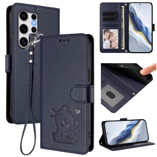 For Samsung Galaxy S25 Ultra 5G Embossed Heart Cat Leather Phone Case with Hand Strap(Blue)