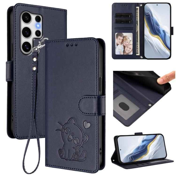 For Samsung Galaxy S25 Ultra 5G Embossed Heart Cat Leather Phone Case with Hand Strap(Blue)