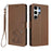 For Samsung Galaxy S25 Ultra 5G Embossed Heart Cat Leather Phone Case with Hand Strap(Brown)