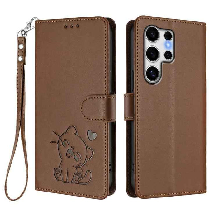 For Samsung Galaxy S25 Ultra 5G Embossed Heart Cat Leather Phone Case with Hand Strap(Brown)