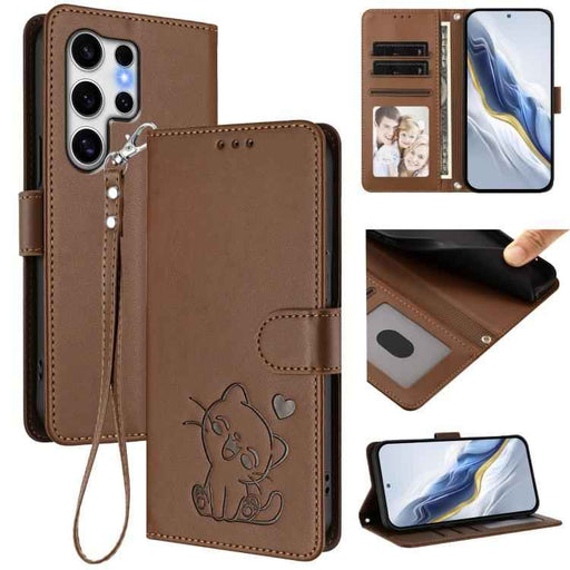 For Samsung Galaxy S25 Ultra 5G Embossed Heart Cat Leather Phone Case with Hand Strap(Brown)