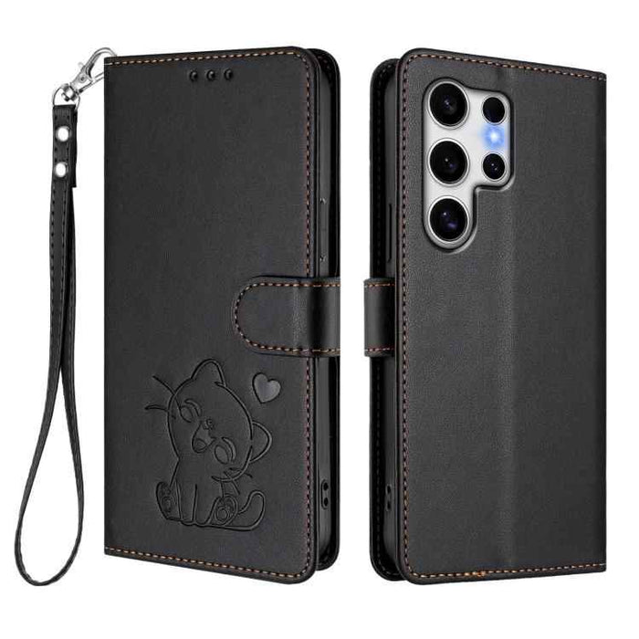 For Samsung Galaxy S25 Ultra 5G Embossed Heart Cat Leather Phone Case with Hand Strap(Black)