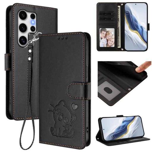 For Samsung Galaxy S25 Ultra 5G Embossed Heart Cat Leather Phone Case with Hand Strap(Black)