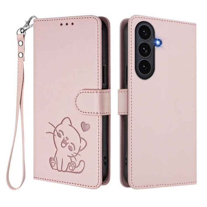 For Samsung Galaxy S25 FE 5G Embossed Heart Cat Leather Phone Case with Hand Strap(Pink)